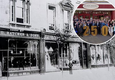 The Hatchers store in Taunton High Street circa 1900 and, inset, in 2025