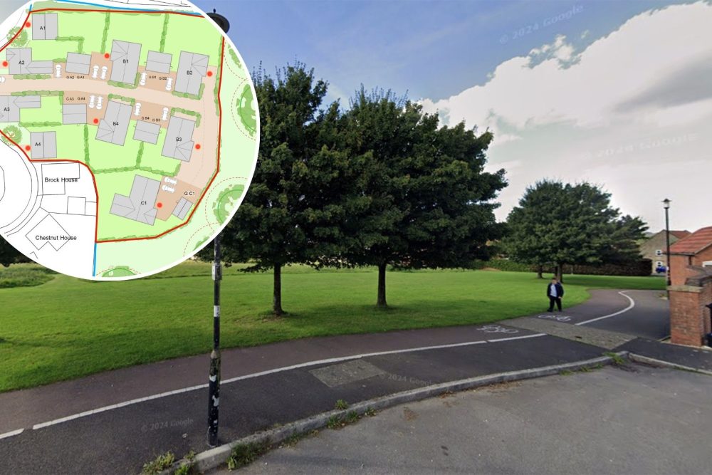 Part of the green space off Starling Way in Shepton Mallet could be developed. Pictures: Google/Spicer Architects/Somerset Council