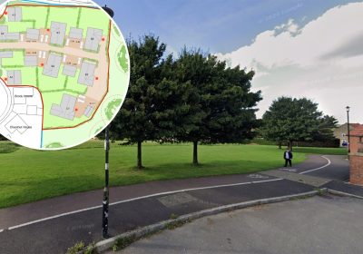 Part of the green space off Starling Way in Shepton Mallet could be developed. Pictures: Google/Spicer Architects/Somerset Council