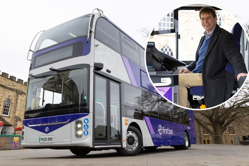 The EV buses have been welcomed in Taunton by Cllr Richard Wilkins, inset. Pictures: First Bus