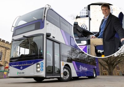 The EV buses have been welcomed in Taunton by Cllr Richard Wilkins, inset. Pictures: First Bus