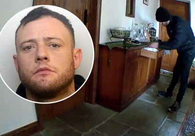 Thomas Wilkinson, inset, was caught on camera during a burglary at Peasmarsh, near Ilminster. Pictures: Avon & Somerset Police