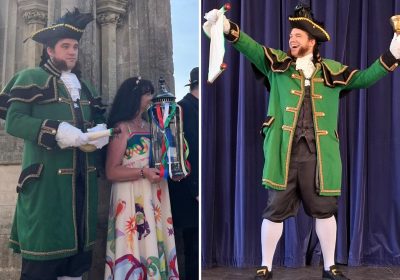 Brad Crowley, Glastonbury's new town crier, officially opened Beltane celebrations, left, though we're sure he was happy about it really! Pictures: Glastonbury Town Council
