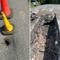 How the sink hole initially appeared - and how it looks as work continues to repair it. Pictures: Somerset Council
