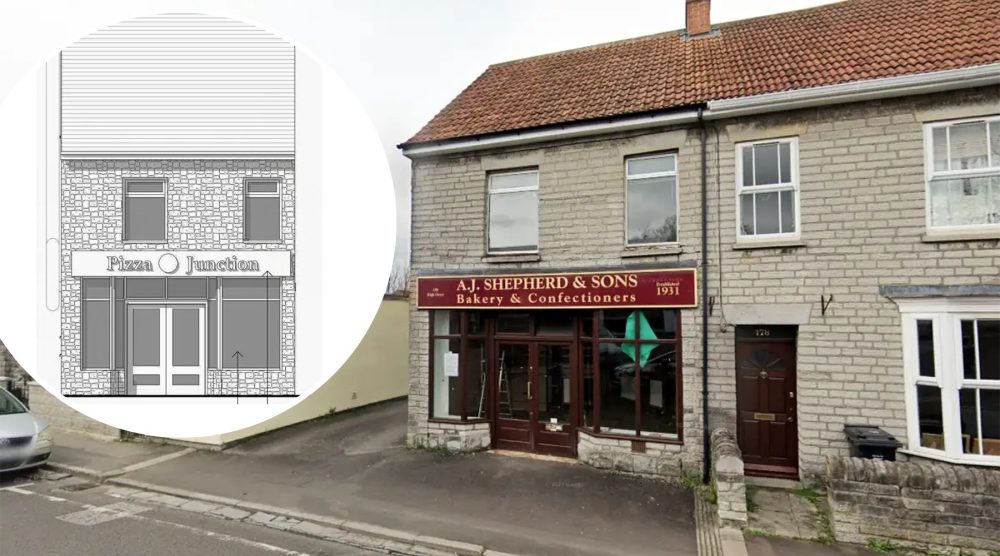 Pizza Junction, inset, is set to open at the former AJ Shepherd & Sons bakery in Street. Pictures: Google/3bd Architects/Somerset Council