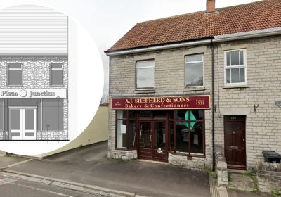 Pizza Junction, inset, is set to open at the former AJ Shepherd & Sons bakery in Street. Pictures: Google/3bd Architects/Somerset Council
