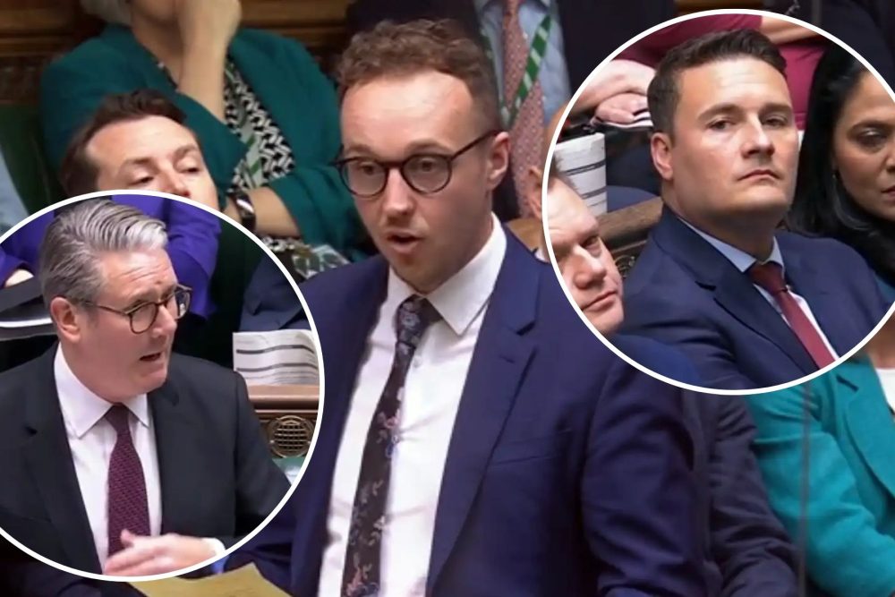Yeovil MP Adam Dance, centre, addressed Sir Keir Starmer, left, as health secretary Wes Streeting, right, looked on. Pictures: Parliament TV