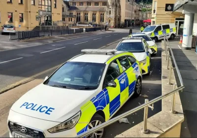 The damaged police cars outside the Bath police station. Picture: Avon & Somerset Police