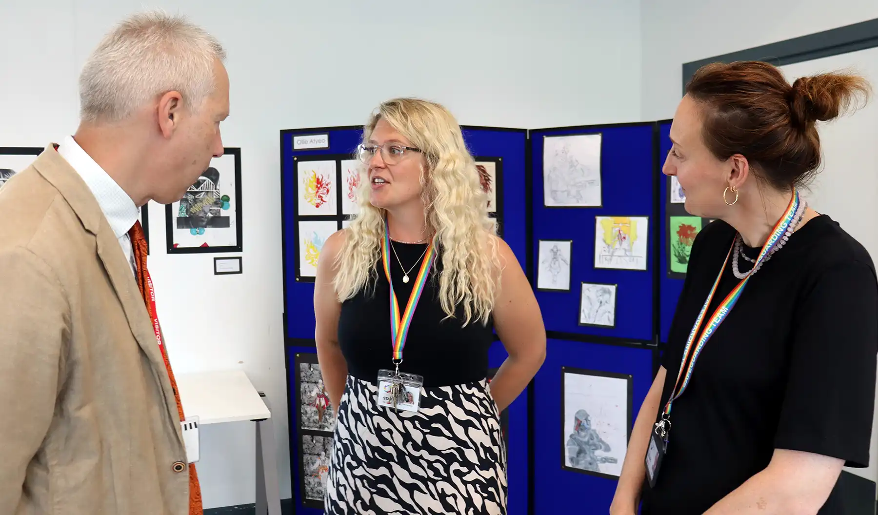 MP Gideon Amos meets Charlie Ennals, Sky Academy art teacher and PD lead, and principal Gaby Long