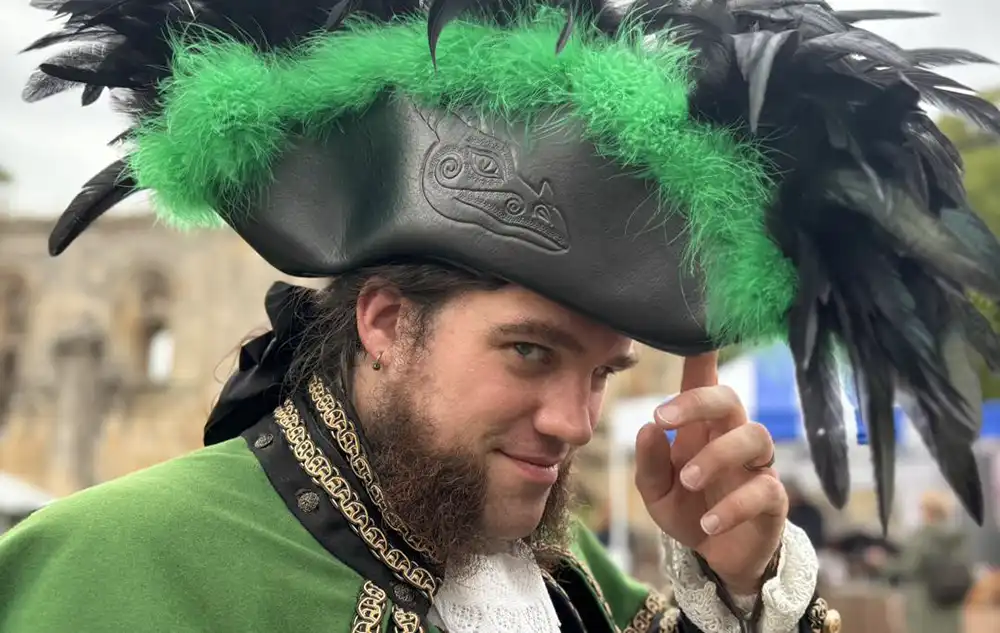 Glastonbury town crier Brad Crowley sporting his new hat - created by TribaMythica. Picture: TribaMythica
