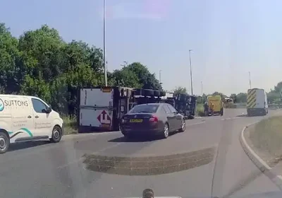 A lorry overturned on the A303 at the Cartgate roundabout, near Yeovil, this afternoon