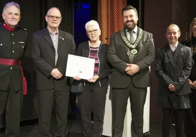 Lieutenant Colonel Michael Motum DL; Freedom of Street award recipients David and Catherine Atkins; chair of Street Parish Council, Cllr Bryan Knickerbocker; Youth Cadet Eva Dowden, and vice chair of Street Parish Council, Cllr Anna Thomson