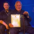 Steven Berkoff with director of performing arts at Queen's, Ian Trafford