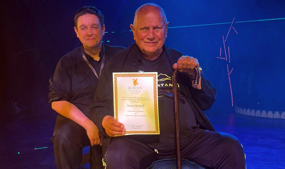 Steven Berkoff with director of performing arts at Queen's, Ian Trafford
