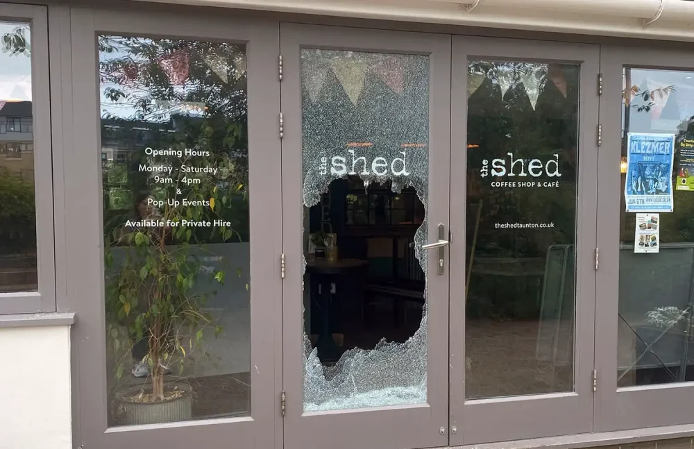 A door at The Shed, in Goodland Gardens, Taunton, was smashed during the raid. Picture: Facebook
