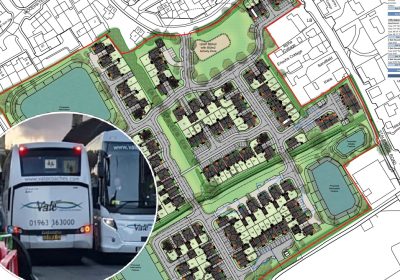 The masterplan for the site with photo (inset) of buses struggling to pas each other through Henstridge Pictures: Roberts Limbrick Architects/Paul Dimishky