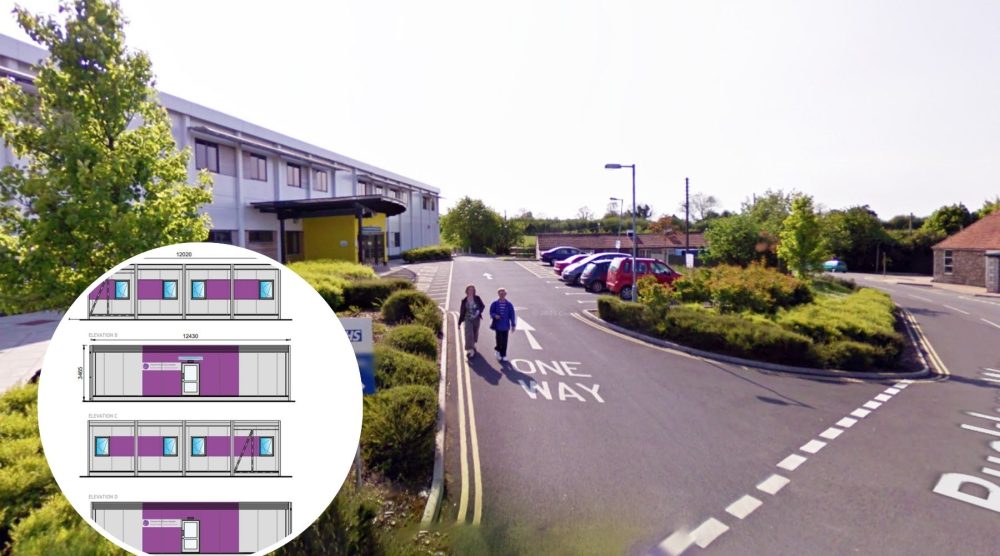 The new building, inset, would be built at the health centre in Shepton Mallet. Pictures: Premier Modular/Somerset Council/Google