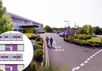 The new building, inset, would be built at the health centre in Shepton Mallet. Pictures: Premier Modular/Somerset Council/Google