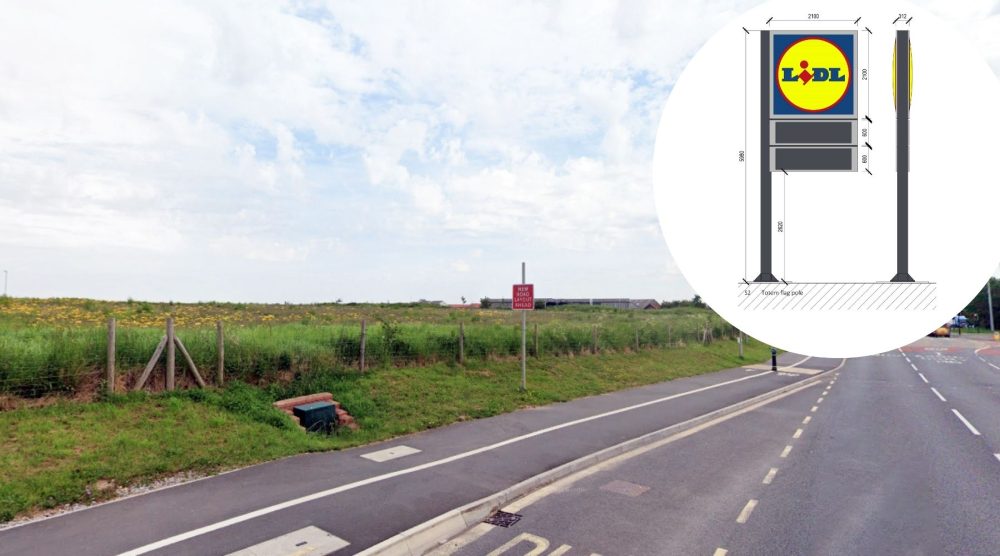 Two 'flagpole' signs are among those set to be installed at the new Lidl near Bridgwater. Pictures: Google/Whittam Cox/Somerset Council