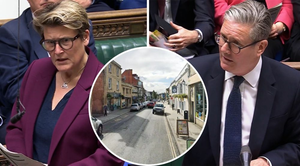 Glastonbury MP Sarah Dyke, left, called on PM Keir Starmer, right, to help tackle crime in Glastonbury, inset. Pictures: Parliament TV/Google