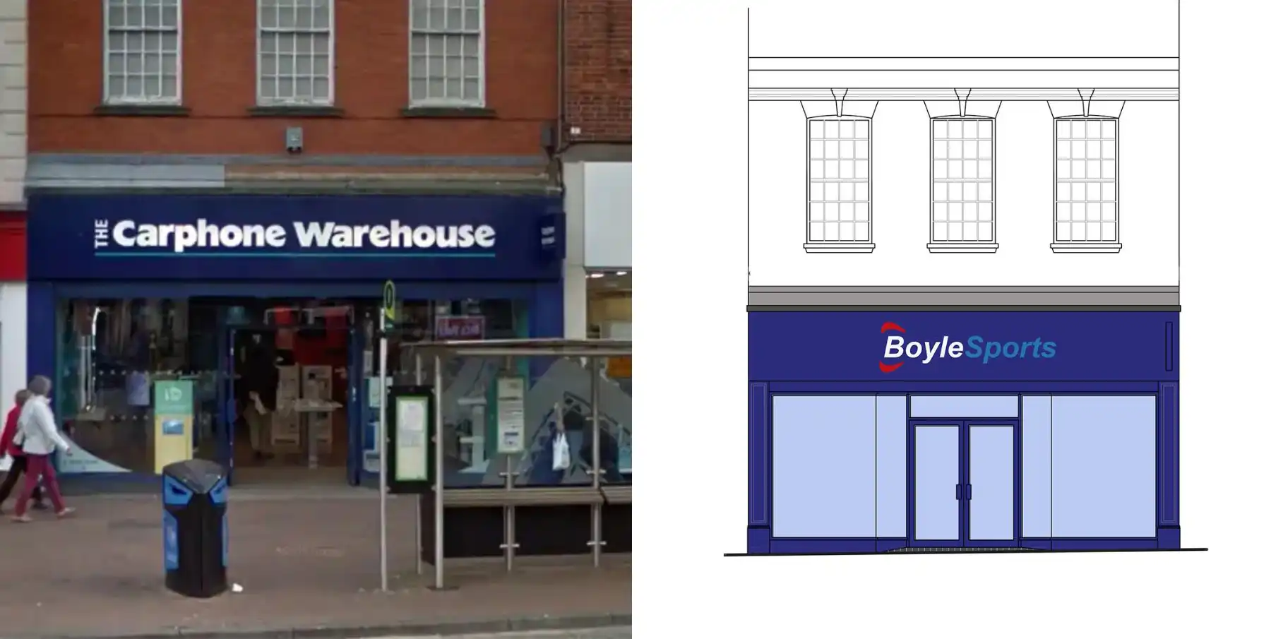 How Boylesports could look, right, and the former Carphone Warehouse store in Fore Street, Taunton. Pictures: Google/Somerset Council