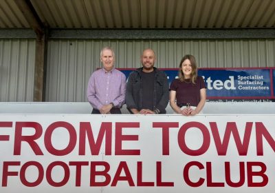 FTC deputy town clerk, Peter Wheelhouse, with Badgers Hill stadium manager Alex Silk and leader of FTC, Cllr Fiona Barrows