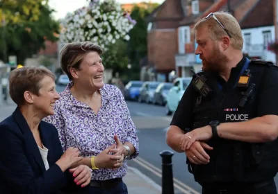 PCC Clare Moody, MP Sarah Dyke and police Sgt Simon Lancey in Glastonbury