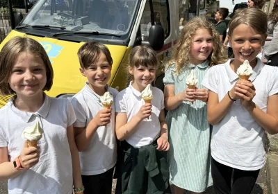 Vallis First School pupils enjoying a celebratory ice cream