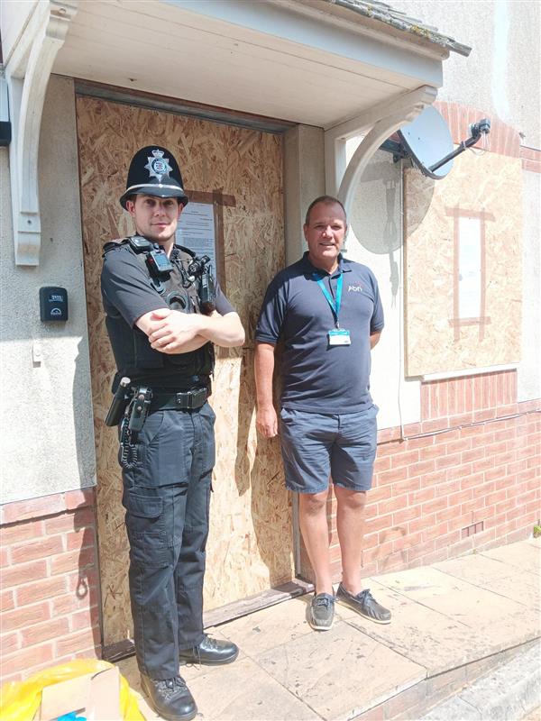 Police and ABRI at the Yeovil property, which will be shut up for three months. Picture: Avon & Somerset Police