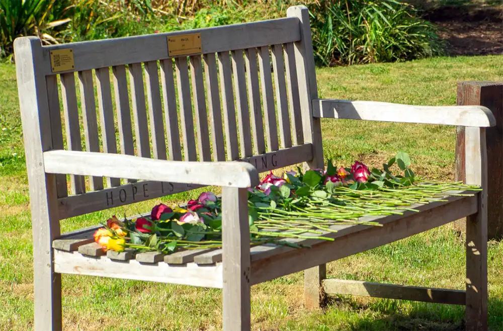 Tributes are left at the bench, in Vivary Park, Taunton, which was donated by Netflix to mark the Afterlife series. Picture: Somerset Council