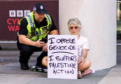 A protestor, believed to be Trisha Yael Fine, of Wells, during the Cardiff demonstration. Picture: Rhydian Witts/R Witts Photography LTD