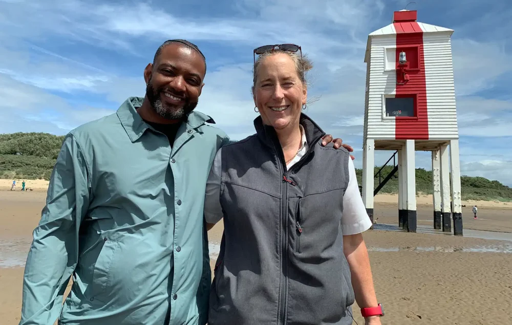 Presenter JB with Capt Tyson at the Burnham low lighthouse. Picture: Somerset Council