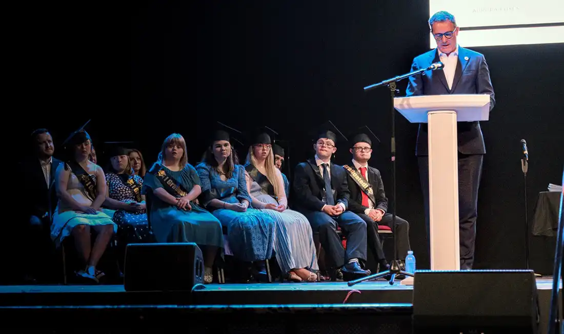 Stephen Cassidy addresses the graduation ceremony at Minehead Butlin's