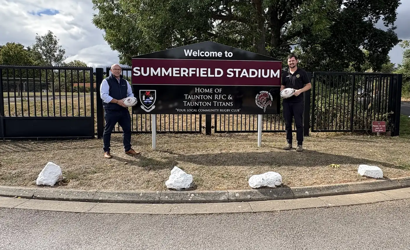 James Holyday, of Summerfield, with Taunton RFC commercial coordinator, Nick Mason, at the newly-named Summerfield Stadium