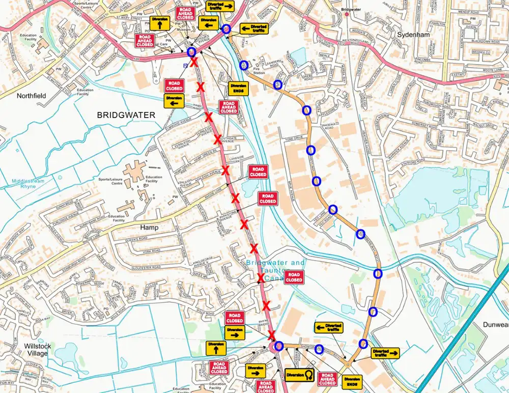 A diversion will be in place for drivers during the closure of Taunton Road, the A38, in Bridgwater. Picture: Somerset Council