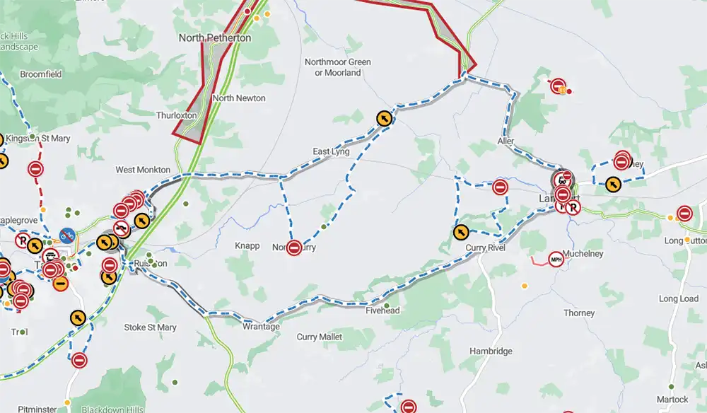 The diversion route around Langport during the railway bridge work