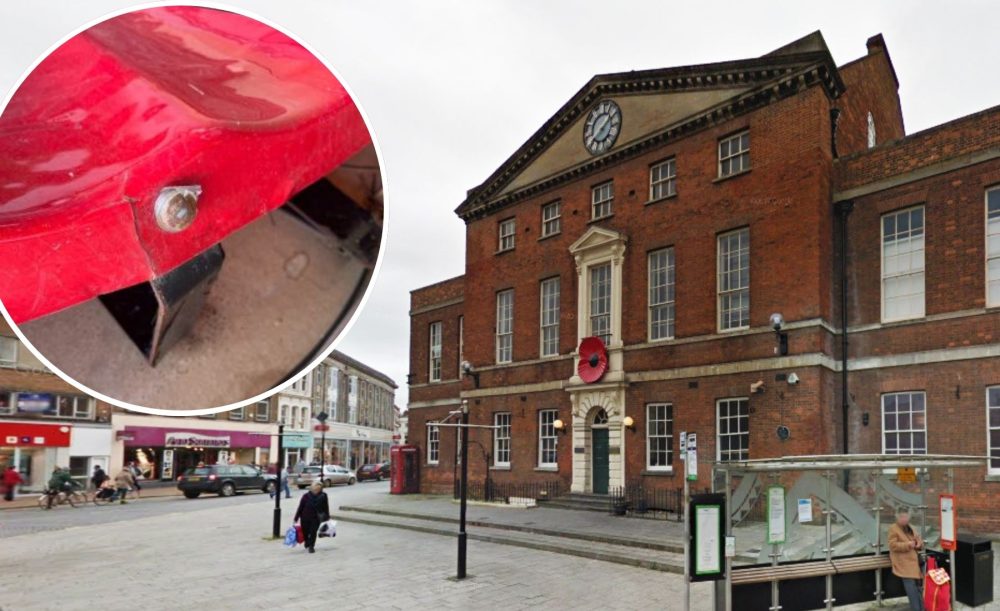 The damaged poppy, inset, adourns Market House in Taunton each year. Pictures: Google/TTC