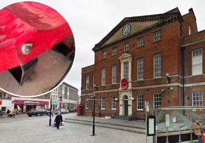 The damaged poppy, inset, adourns Market House in Taunton each year. Pictures: Google/TTC