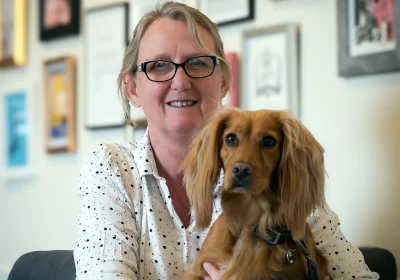 Vickie Robbins, executive director at Taunton Brewhouse, with dog, Bean