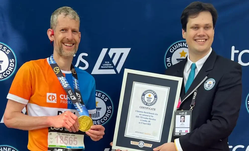 Ben Karthauser after setting the new world record at the 2025 London Marathon. Picture: Guinness World Records