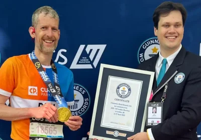 Ben Karthauser after setting the new world record at the 2025 London Marathon. Picture: Guinness World Records