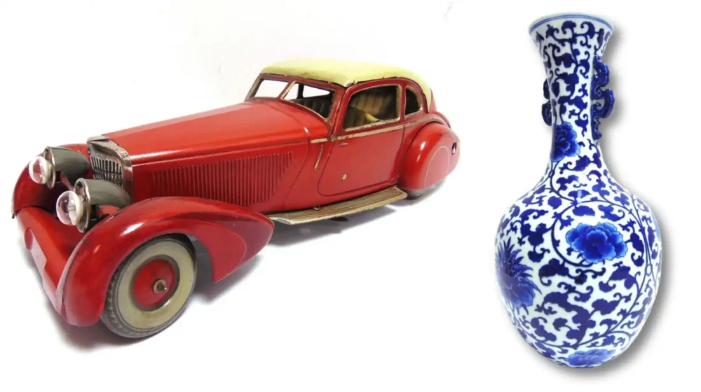 The Mercedes 540K toy sold for £1,200, while the CHinese vase went for £20,000. Pictures: GTH