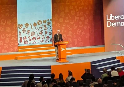 Taunton and Wellington MP Gideon Amos speaking at the Lib Dem conference in Bournemouth