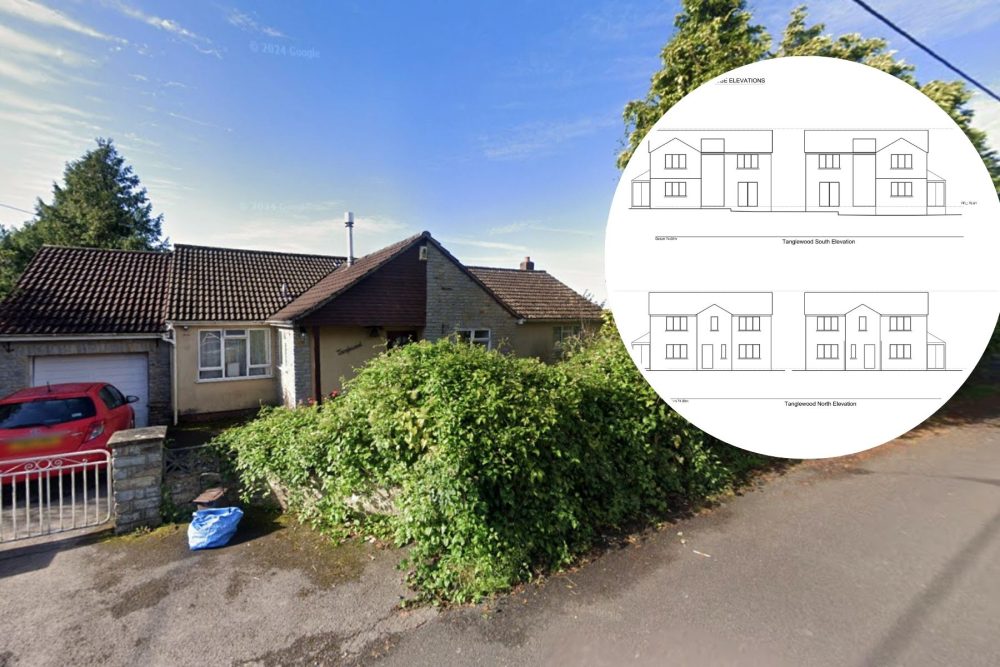 Two houses could replace the bungalow in Top Street, Pilton, if plans are approved. Pictures: Google/MJW Architects/Somerset Council