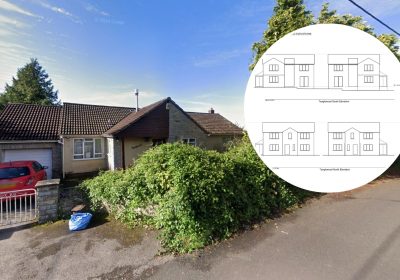 Two houses could replace the bungalow in Top Street, Pilton, if plans are approved. Pictures: Google/MJW Architects/Somerset Council