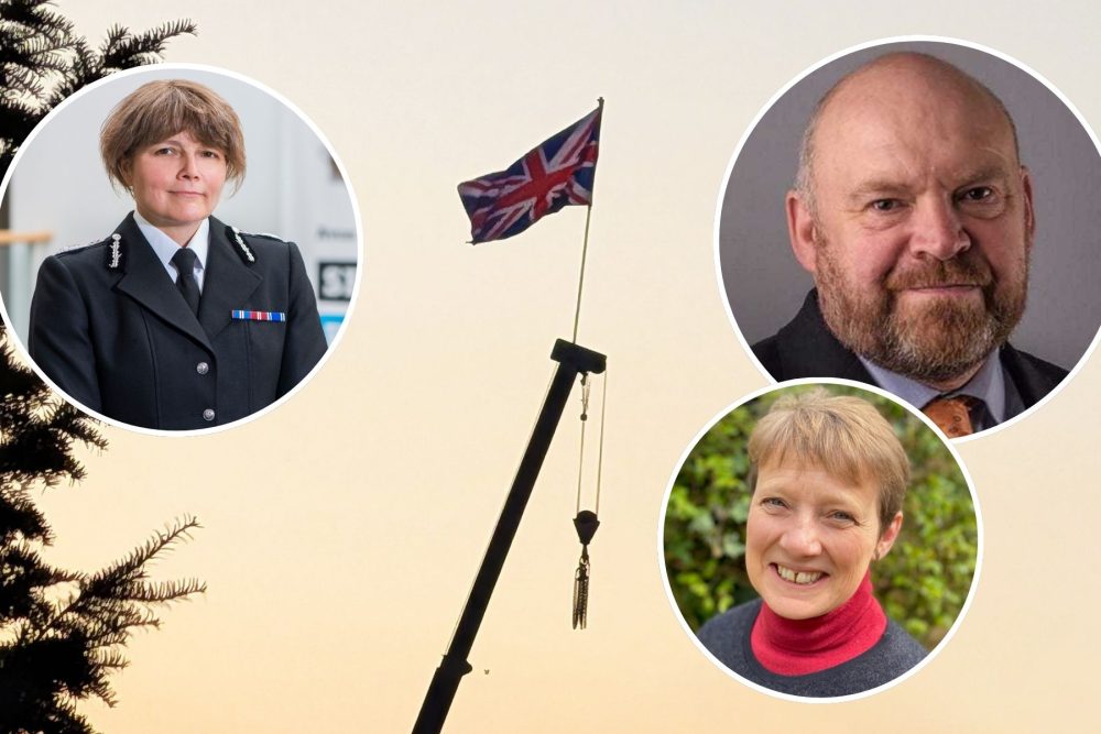 Chief Constable Sarah Crew, top left, Somerset Council leader Bill Revans, top right, and Avon & Somerset PCC Clare Moody, bottom right, have called for calm