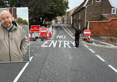 Cllr Bill Revans, inset, has been in Bridgwater to check out the new one-way system slammed by Conservative leader Diogo Rodrigues, pictured in the street