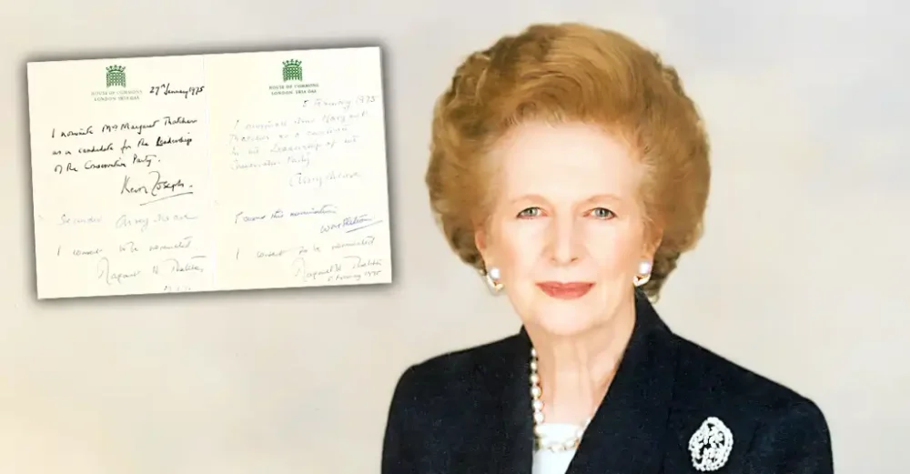 A notice announcing Margaret Thatcher's election as leader of the Conservative Party was found in a Somerset garage. Pictures: Duke's/Thatcher Estate