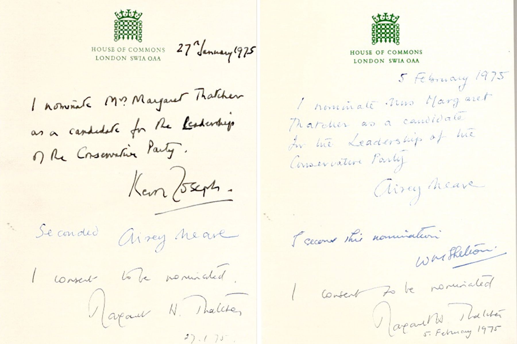 Nominations from the first and second ballots of the Tory leadership election that saw Margaret Thatcher take on the role. Pictures: Duke's of Dorchester