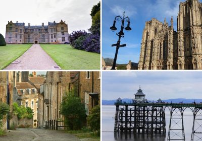 Clockwise from top left, Montacute, Wells, Clevedon and Frome make the list of best places to live in Somerset